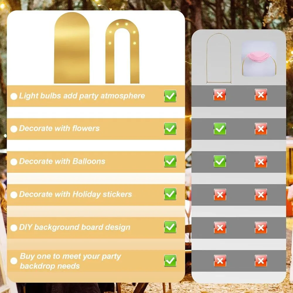 2 Round Top Gold Arch Backdrop Stands Outdoor, 6.6FT+5.5FT Frame with Lights